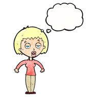 cartoon woman shrugging shoulders with thought bubble N497