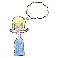 cartoon worried victorian woman with thought bubble N10