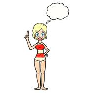 cartoon woman in striped swimsuit with thought bubble N10
