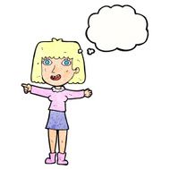 cartoon happy woman pointing with thought bubble N70
