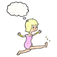 cartoon happy woman kicking with thought bubble N10