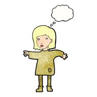 cartoon woman in patched clothing with thought bubble N11