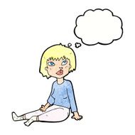 cartoon woman sitting on floor with thought bubble N11