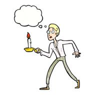 cartoon frightened man walking with candlestick thought bub N11