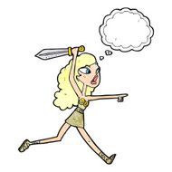 cartoon viking girl with sword thought bubble N7
