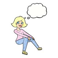 cartoon happywoman sitting with thought bubble N3