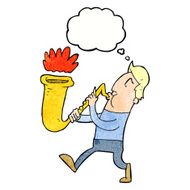 cartoon man blowing saxophone with thought bubble N7