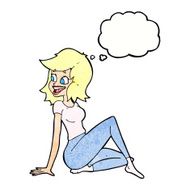 cartoon pretty woman looking happy with thought bubble N10