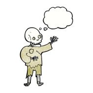 cartoon skeleton waving with thought bubble N11
