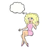 cartoon sitting woman waving with thought bubble N11