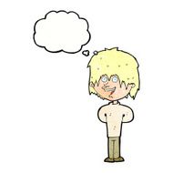 cartoon happy scruffy boy with thought bubble N10