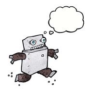 cartoon running robot with thought bubble N10