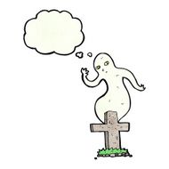 cartoon ghost rising from grave with thought bubble N24