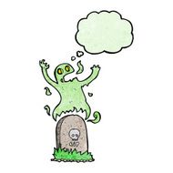 cartoon ghost rising from grave with thought bubble N25