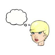 cartoon pretty female face with thought bubble N98