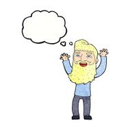 cartoon happy bearded man waving arms with thought bubble N10