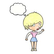 cartoon waving woman with thought bubble N150