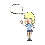 cartoon waving woman with thought bubble N151