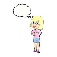 cartoon happy woman looking over with thought bubble N10