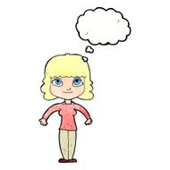 cartoon woman shrugging shoulders with thought bubble N500