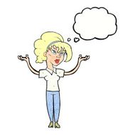 cartoon woman raising hands in air with thought bubble N19