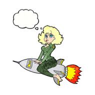 cartoon army pin up girl riding missile with thought bubble N9