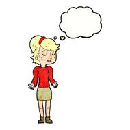 cartoon woman shrugging shoulders with thought bubble N501