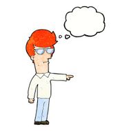 cartoon man in glasses pointing with thought bubble N11