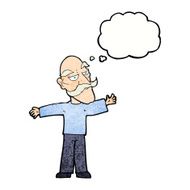 cartoon old man spreading arms wide with thought bubble N10