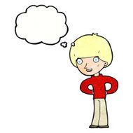 cartoon happy boy with hands on hips thought bubble N10