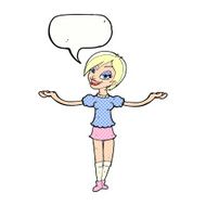 cartoon woman making open arm gesture with speech bubble N12