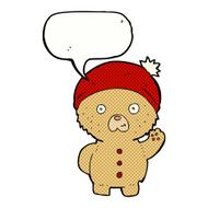cartoon waving teddy bear in winter hat with speech bubble N4