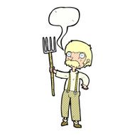 cartoon farmer with pitchfork speech bubble N11