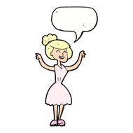 cartoon woman with raised arms speech bubble N12