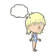 cartoon woman in swimsuit shrugging shoulders with speech bubble N8
