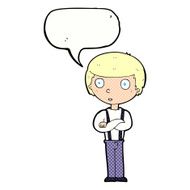 cartoon staring boy with folded arms speech bubble N12