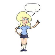 cartoon pretty woman waving for attention with speech bubble N12