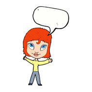 cartoon happy woman waving arms with speech bubble N12