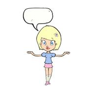 cartoon woman making balancing gesture with speech bubble N12