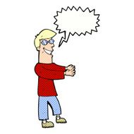 cartoon grinning man wearing glasses with speech bubble N12