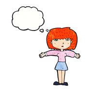 cartoon woman shrugging shoulders with thought bubble N505