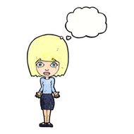 cartoon woman shrugging shoulders with thought bubble N506