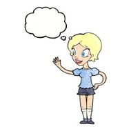 cartoon waving woman with thought bubble N155