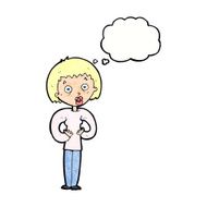 cartoon woman gesturing at self with thought bubble N30