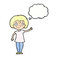 cartoon happy woman pointing with thought bubble N71