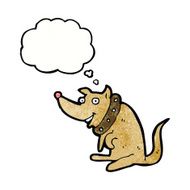 cartoon happy dog in big collar with thought bubble N8