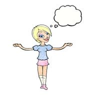 cartoon woman making open arm gesture with thought bubble N11