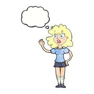 cartoon worried woman waving with thought bubble N19