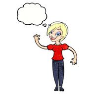 cartoon woman waving with thought bubble N344