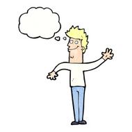 cartoon happy waving man with thought bubble N11